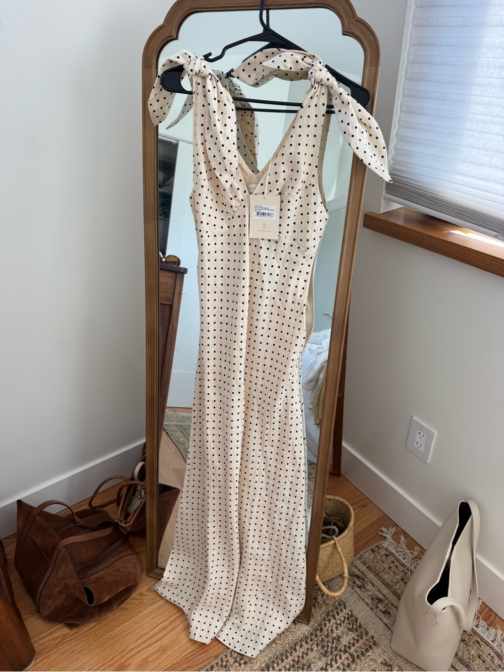Cream Polka Dot Tie-Shoulder Linen Maxi Dress - Picture 6 of 7